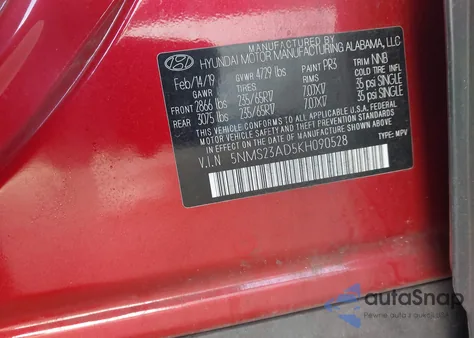 2019 Hyundai Santa Fe Se from USA, damaged, VIN 5NMS23AD5KH090528